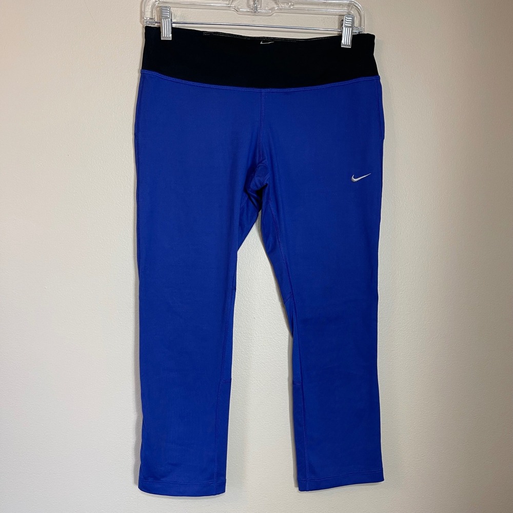 Nike‎ Dri-FIT Women Royal Blue Black Waistband Running Capri Leggings Medium